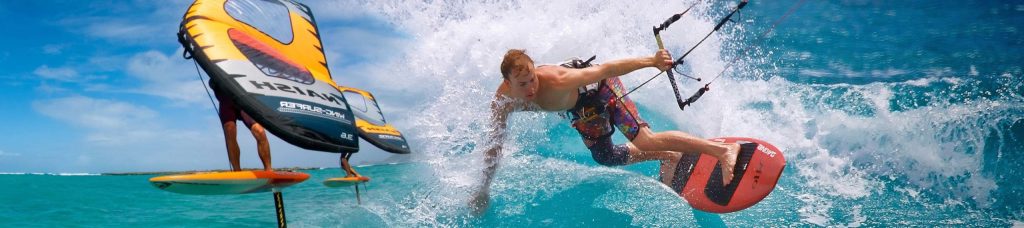 Trois hommes en kitesurf et wing foil en guadeloupe
