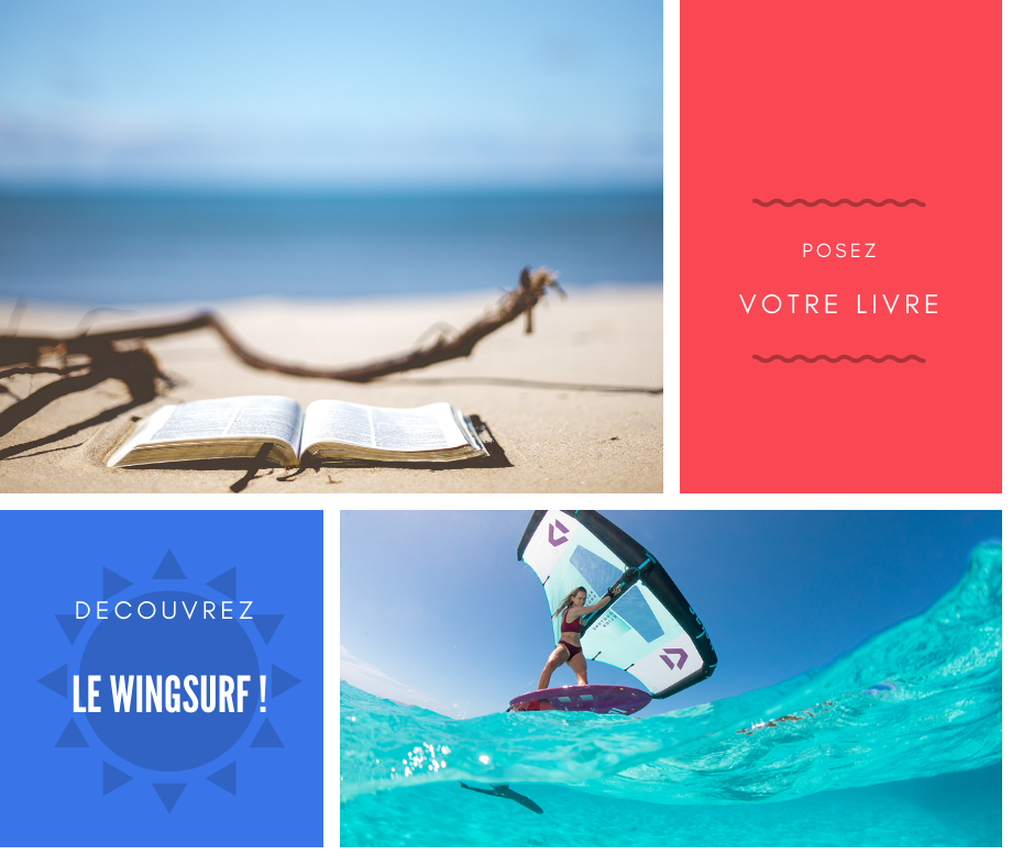 Livre posé sur sable et femme en wingsurf dans la mer